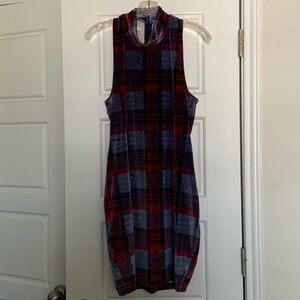 Adam Levine Velvet Red and Blue Holiday Plaid Mini Dress Mockneck Size XL